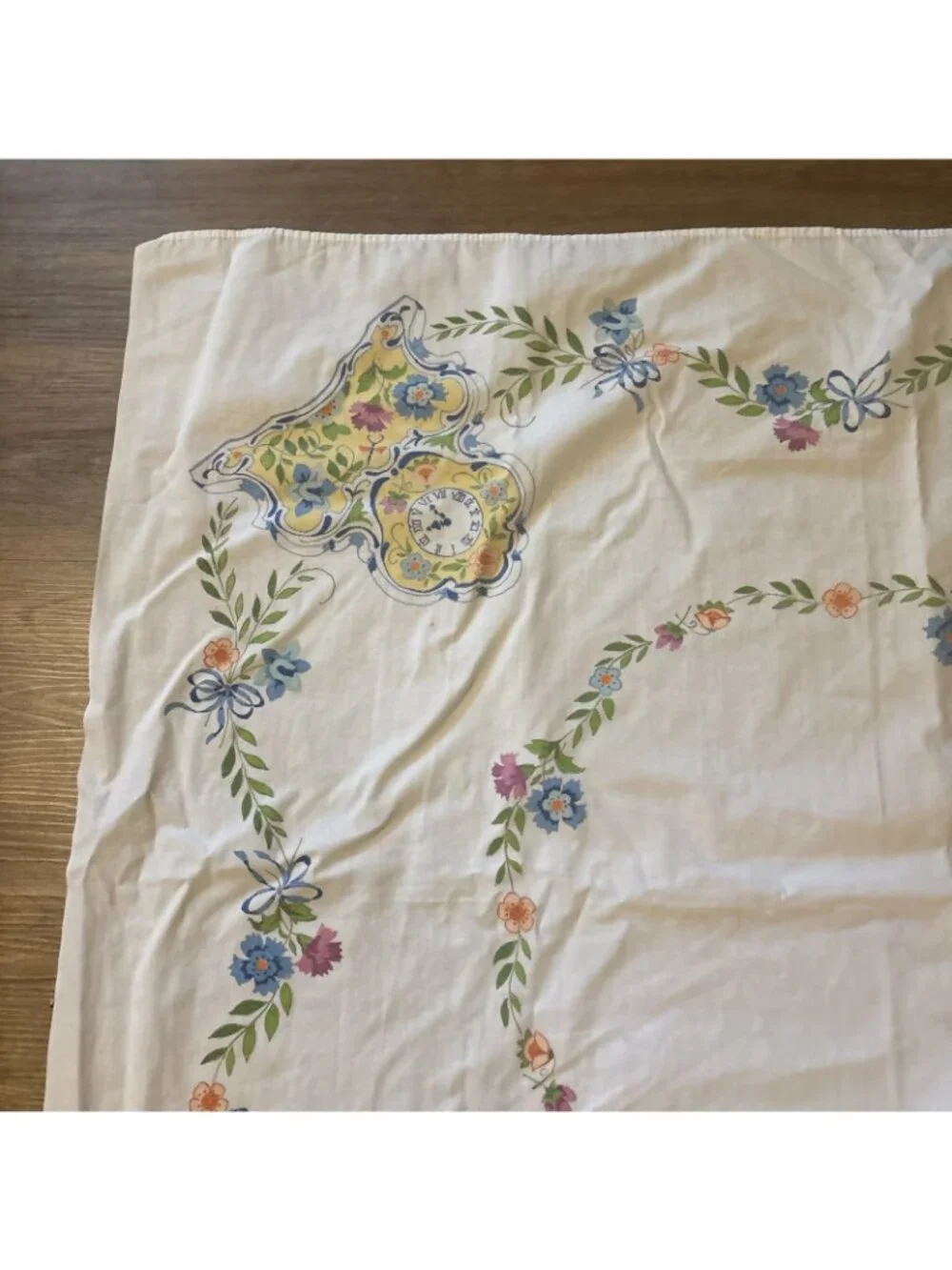 vintage cotton tablecloth Clocks Yellow And Blue 46 X 42